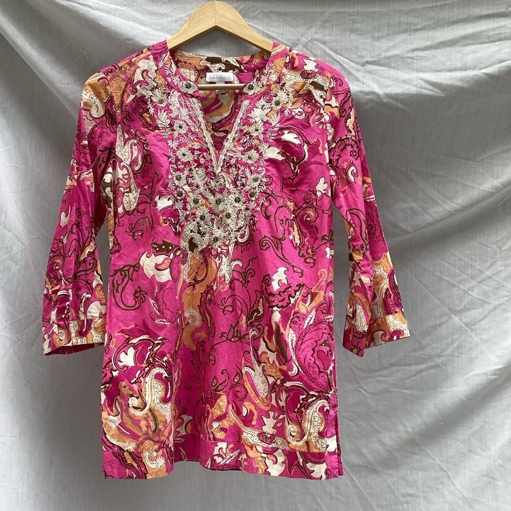 Charter Club pink patterned floral embroidered business casual top, size small